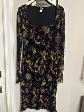 Jean Paul Gaultier Black Long-Sleeve Floral Scoop Dress with Pink & Lime Accents